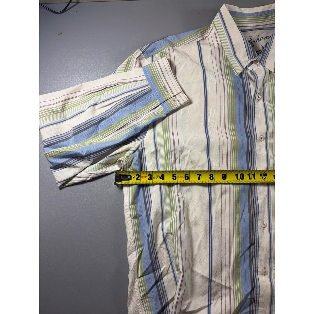 Tommy Bahama Shirt Mens Large Cream Blue Green Silk Cotton Striped Palm Jacquard - Picture 5 of 7